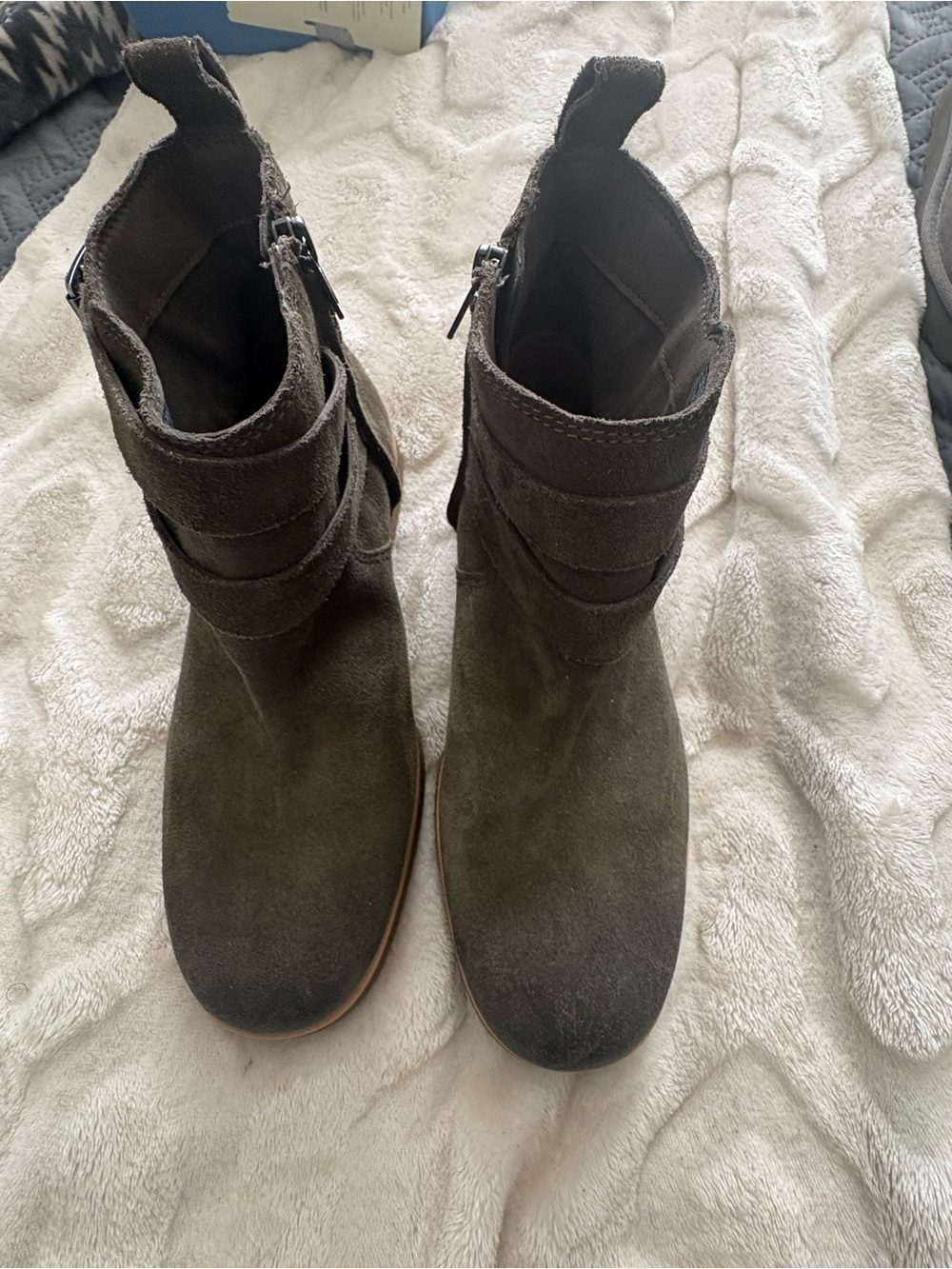 UGG Olive Suede Ankle Booties with Strap Detail